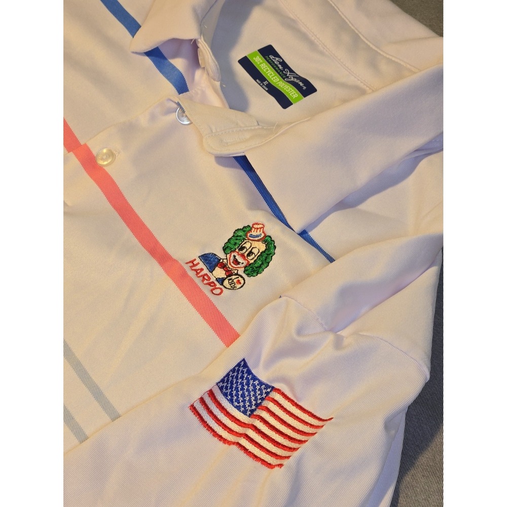 Ben Hogan Polo Shirt Mens XL White Harpo The Clown Golf Tournament USA Flag Rare